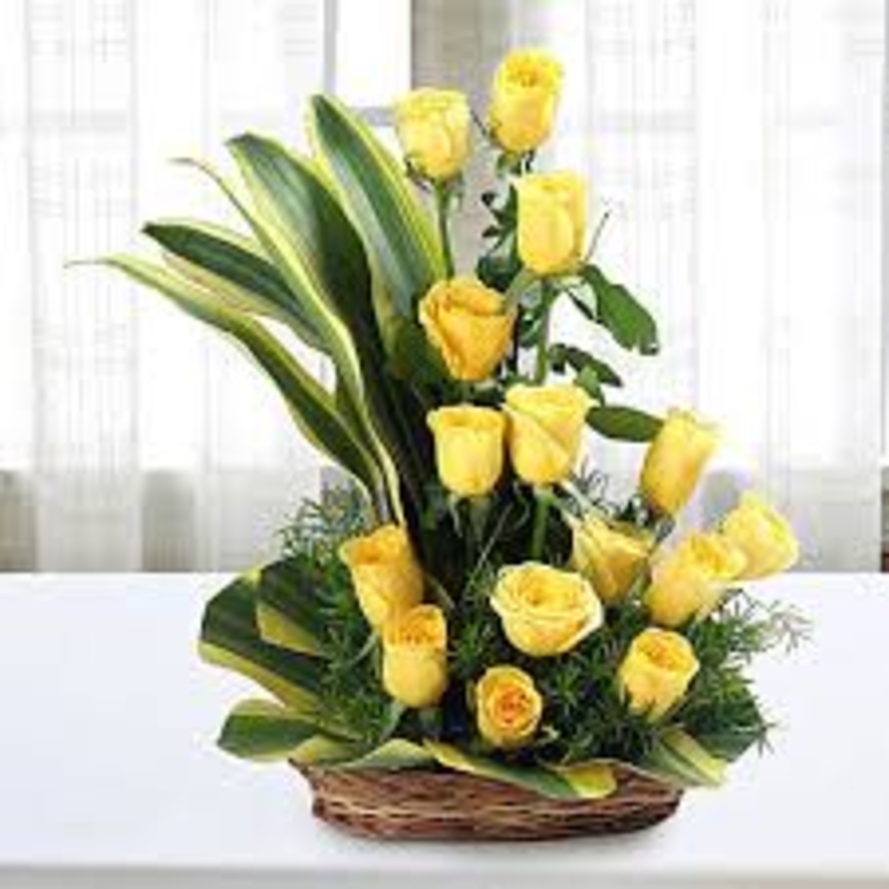 Yellow Rose Flower Arrangement Basket